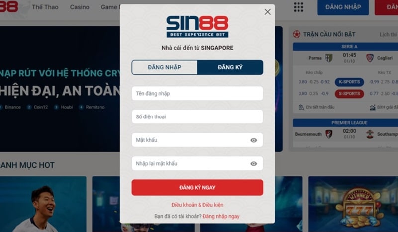 Đăng ký tài khoản SIN88 cực kỳ đơn giản